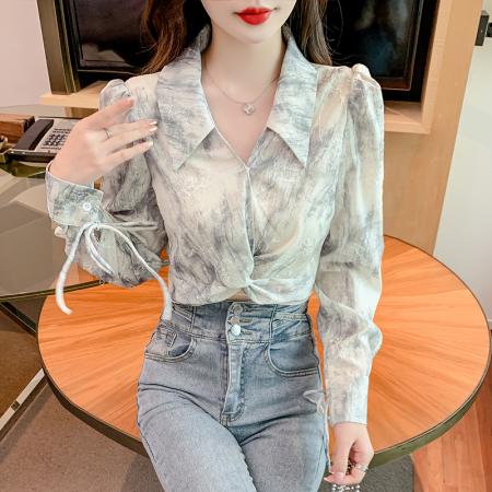 FA40216# 衬衫女早秋季简约时尚扎染印花设计感打结上衣  服裝批發女裝批發服飾貨源