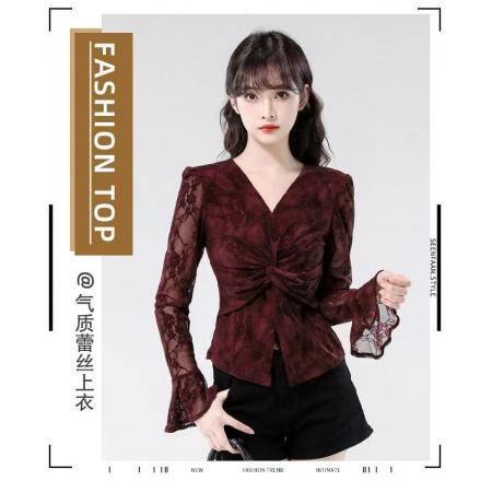 FA40217# 高级感喇叭袖衬衫女秋季新款气质收腰扭结设计感显瘦上衣  服裝批發女裝批發服飾貨源