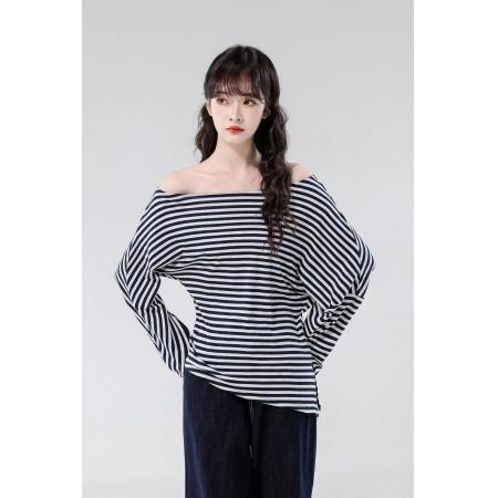 FA40218# 秋季松弛感斜肩条纹套头T恤衫百搭不规则长袖上衣  服裝批發女裝批發服飾貨源