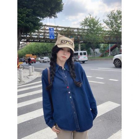 FA40219# 韩系慵懒彩色纽扣牛仔衬衫外套女早秋小众气质翻领长袖上衣  服裝批發女裝批發服飾貨源