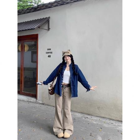 FA40219# 韩系慵懒彩色纽扣牛仔衬衫外套女早秋小众气质翻领长袖上衣  服裝批發女裝批發服飾貨源