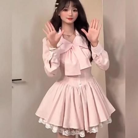 FA40221# 甜美纯欲秋季蕾丝花边蝴蝶结高级感长袖蓝色收腰显瘦蓬蓬连衣裙女  服裝批發女裝批發服飾貨源