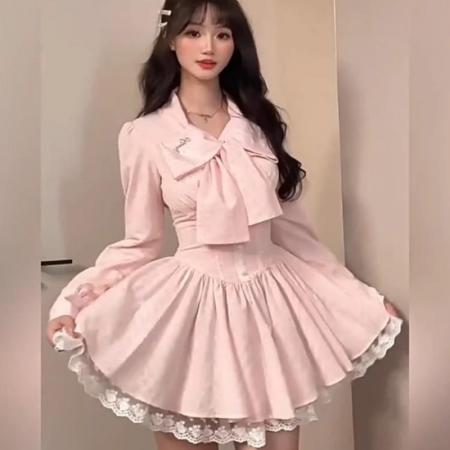 FA40221# 甜美纯欲秋季蕾丝花边蝴蝶结高级感长袖蓝色收腰显瘦蓬蓬连衣裙女  服裝批發女裝批發服飾貨源