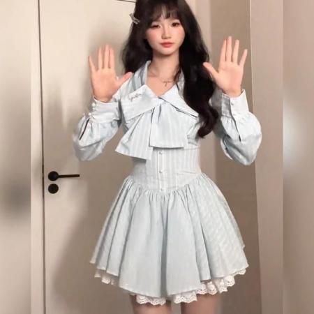 FA40221# 甜美纯欲秋季蕾丝花边蝴蝶结高级感长袖蓝色收腰显瘦蓬蓬连衣裙女  服裝批發女裝批發服飾貨源