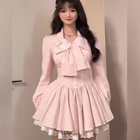 FA40221# 甜美纯欲秋季蕾丝花边蝴蝶结高级感长袖蓝色收腰显瘦蓬蓬连衣裙女  服裝批發女裝批發服飾貨源