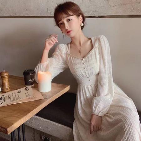 FA40222# 早秋季新款女法式复古高级感长裙仙女时尚显瘦长袖连衣裙子  服裝批發女裝批發服飾貨源