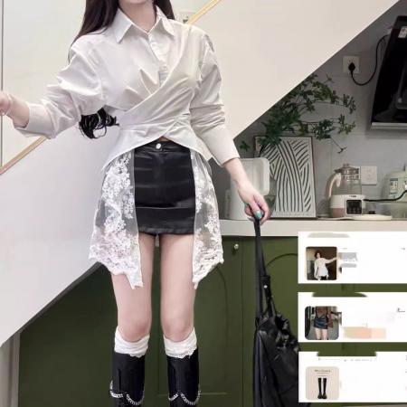 FA40224# 法式不规则蕾丝拼接防晒衬衫女春秋季温柔风气质衬衣休闲长袖上衣  服裝批發女裝批發服飾貨源