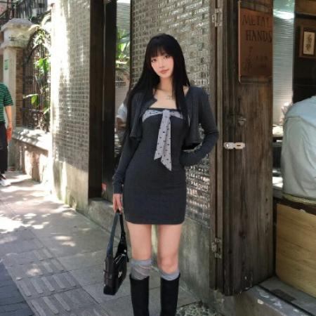 FA40226# 下周六新品秋辣妹灰色开衫套装波点绑带抹胸包臀短连衣裙  服裝批發女裝批發服飾貨源