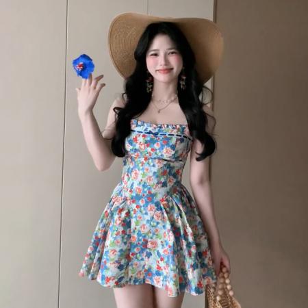 FA40227# 新款法式度假风蓝色碎花吊带连衣裙子女夏季法式a字掐腰短裙  服裝批發女裝批發服飾貨源