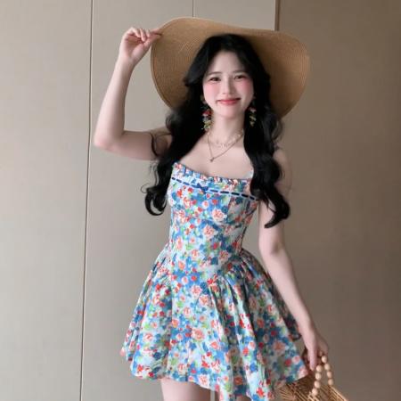FA40227# 新款法式度假风蓝色碎花吊带连衣裙子女夏季法式a字掐腰短裙  服裝批發女裝批發服飾貨源