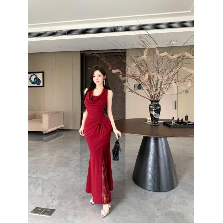 FA40228# 红茶花蕾女人味设计感修身性感V领新中式国风复古气质连衣裙  服裝批發女裝批發服飾貨源