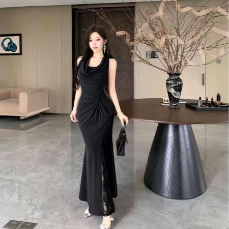 FA40228# 红茶花蕾女人味设计感修身性感V领新中式国风复古气质连衣裙  服裝批發女裝批發服飾貨源