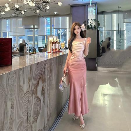 FA40229# 御姐独特绝美醋酸缎面包臀连衣裙法式气质高级感开叉吊带长裙  服裝批發女裝批發服飾貨源