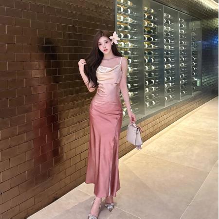 FA40229# 御姐独特绝美醋酸缎面包臀连衣裙法式气质高级感开叉吊带长裙  服裝批發女裝批發服飾貨源