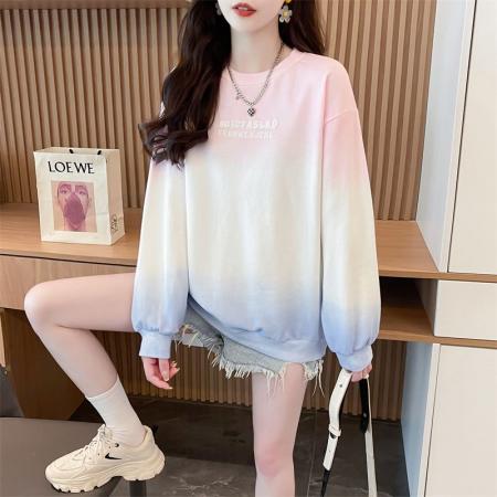 FA40232# 秋季新款韩版宽松圆领渐变字母印花薄款长袖卫衣女  服裝批發女裝批發服飾貨源