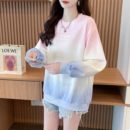 FA40232# 秋季新款韩版宽松圆领渐变字母印花薄款长袖卫衣女  服裝批發女裝批發服飾貨源