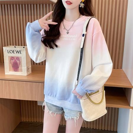 FA40232# 秋季新款韩版宽松圆领渐变字母印花薄款长袖卫衣女  服裝批發女裝批發服飾貨源