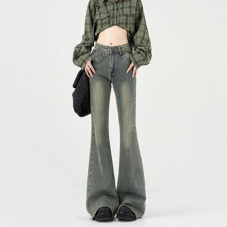 FA40239# 胖mm大码怀旧蓝毛边微喇牛仔裤秋季女装显瘦高腰遮胯喇叭裤  服裝批發女裝批發服飾貨源