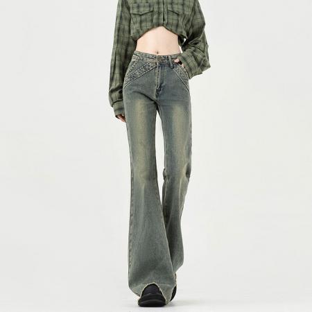 FA40239# 胖mm大码怀旧蓝毛边微喇牛仔裤秋季女装显瘦高腰遮胯喇叭裤  服裝批發女裝批發服飾貨源