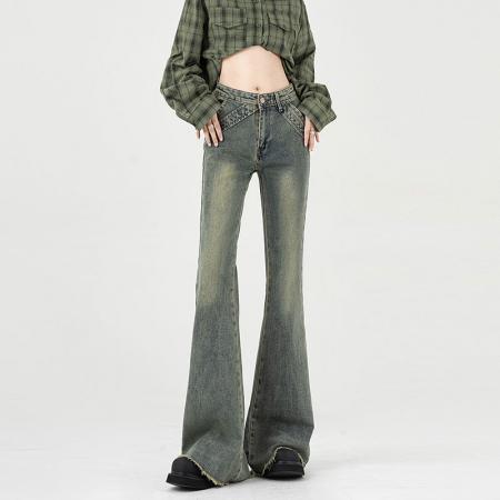 FA40239# 胖mm大码怀旧蓝毛边微喇牛仔裤秋季女装显瘦高腰遮胯喇叭裤  服裝批發女裝批發服飾貨源