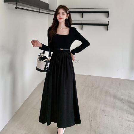 FA40247# 秋赫本风针织拼接黑色连衣裙女长袖高级感显瘦气质百搭打底裙  服裝批發女裝批發服飾貨源