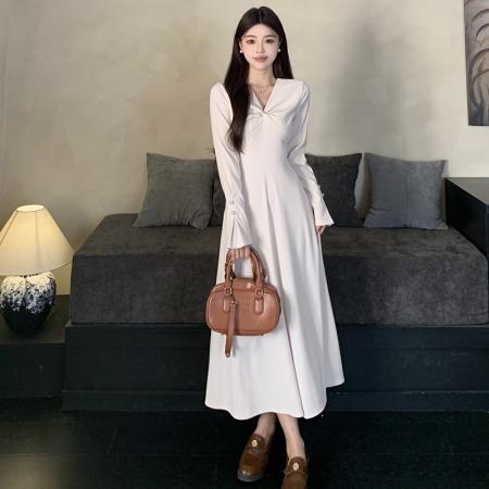 FA40252# 新款馥郁晚香气质设计感女秋季新款显瘦v领连衣裙针织棉长裙  服裝批發女裝批發服飾貨源