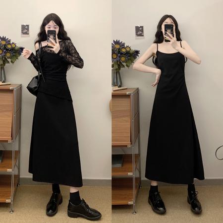 FA40253# 新款秋季显瘦黑色蕾丝网性感收腰优雅气质连衣裙两件套  服裝批發女裝批發服飾貨源
