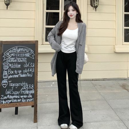 FA40254# 休闲套装慵懒灰色长袖针织开衫吊带背心女秋季微喇叭裤显瘦三件套  服裝批發女裝批發服飾貨源
