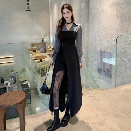 FA40255# 松本丧丧秋冬胖妹妹新款拼接衬衫裙蕾丝不对称长袖连衣裙  服裝批發女裝批發服飾貨源