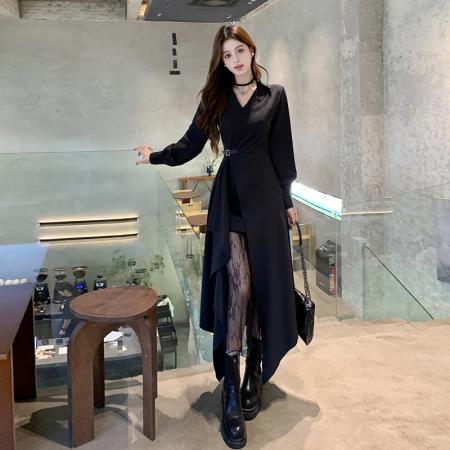 FA40255# 松本丧丧秋冬胖妹妹新款拼接衬衫裙蕾丝不对称长袖连衣裙  服裝批發女裝批發服飾貨源