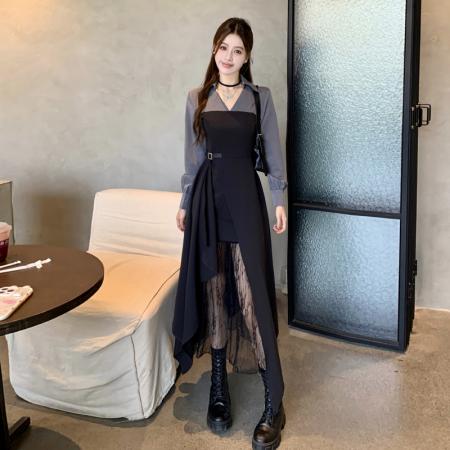 FA40255# 松本丧丧秋冬胖妹妹新款拼接衬衫裙蕾丝不对称长袖连衣裙  服裝批發女裝批發服飾貨源