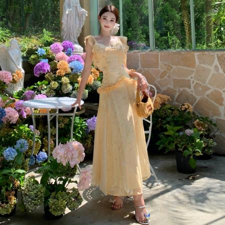 FA40261# 甜美风荷叶边时尚显白黄色吊带连衣裙长裙  服裝批發女裝批發服飾貨源