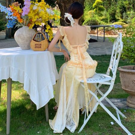 FA40261# 甜美风荷叶边时尚显白黄色吊带连衣裙长裙  服裝批發女裝批發服飾貨源