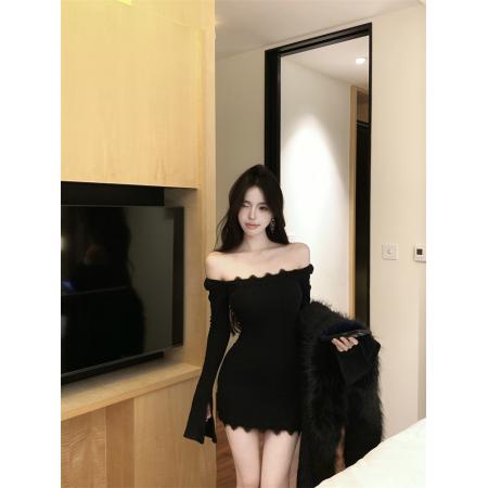 FA40263# 辣妹蕾丝拼接喇叭袖长袖修身显瘦包臀连衣裙短款  服裝批發女裝批發服飾貨源
