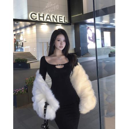 FA40264# 方领镂空长袖修身显瘦长袖连衣裙中长款  服裝批發女裝批發服飾貨源