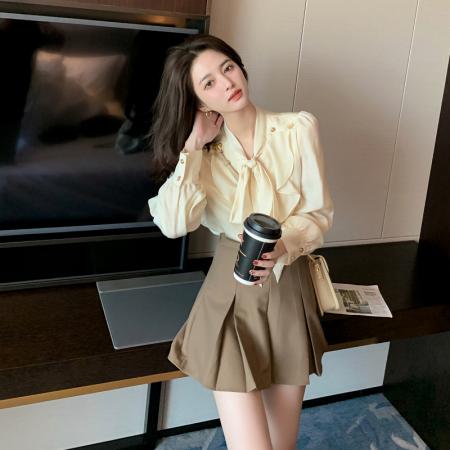 FA40266# 秋款女装新款衬衫设计感小众蝴蝶结系带雪纺长袖上衣  服裝批發女裝批發服飾貨源