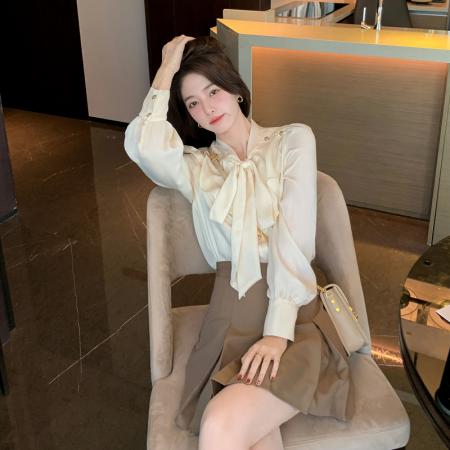 FA40266# 秋款女装新款衬衫设计感小众蝴蝶结系带雪纺长袖上衣  服裝批發女裝批發服飾貨源