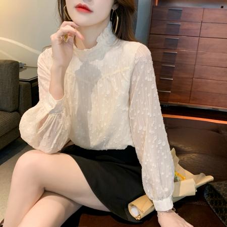 FA40269# 秋装新款雪纺衫女装半高领打底衫长袖上衣百搭洋气小衫  服裝批發女裝批發服飾貨源