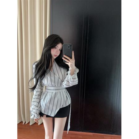 FA40274# 小众设计感绑带别致韩版V领复古撞色条纹百搭收腰衬衫  服裝批發女裝批發服飾貨源