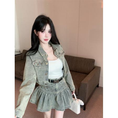 FA40275# 复古美式法式辣妹气质牛仔外套铆钉百褶裙荷叶边套装  服裝批發女裝批發服飾貨源