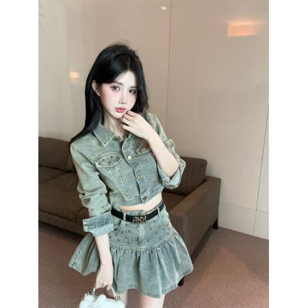 FA40275# 复古美式法式辣妹气质牛仔外套铆钉百褶裙荷叶边套装  服裝批發女裝批發服飾貨源