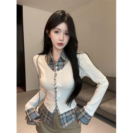 FA40276# 小众辣妹复古拼接格子蝴蝶结衬衫修身假两件高级感上衣  服裝批發女裝批發服飾貨源