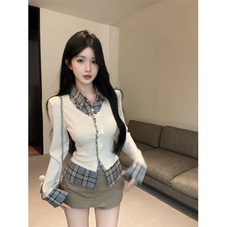 FA40276# 小众辣妹复古拼接格子蝴蝶结衬衫修身假两件高级感上衣  服裝批發女裝批發服飾貨源