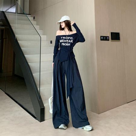 FA40277# 设计感巨好看时尚休闲套装长袖防嗮斜肩上衣松紧腰阔腿裤两件套  服裝批發女裝批發服飾貨源