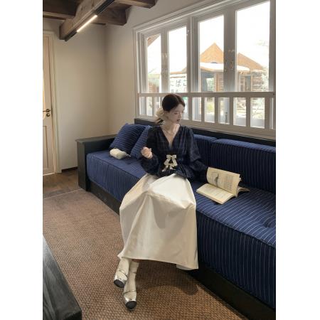 FA40283# 蝴蝶结衬衫套装连衣裙子女新款早秋季韩系氛围感穿搭白色长裙 服裝批發女裝批發服飾貨源