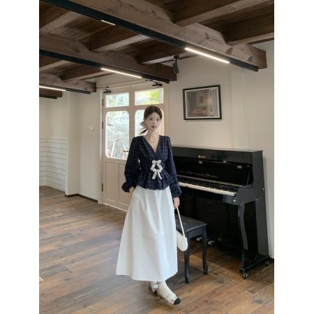 FA40283# 蝴蝶结衬衫套装连衣裙子女新款早秋季韩系氛围感穿搭白色长裙 服裝批發女裝批發服飾貨源