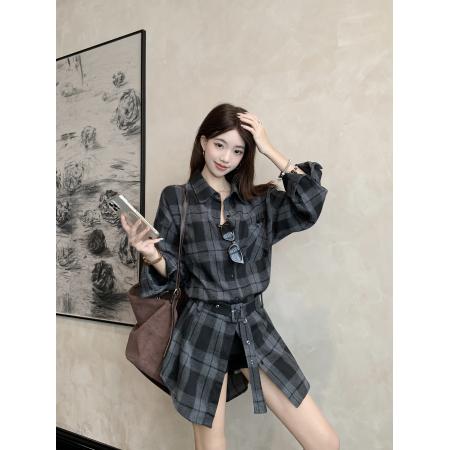 FA40286# 新款秋季复古设计感磨毛格纹衬衫配腰带 服裝批發女裝批發服飾貨源