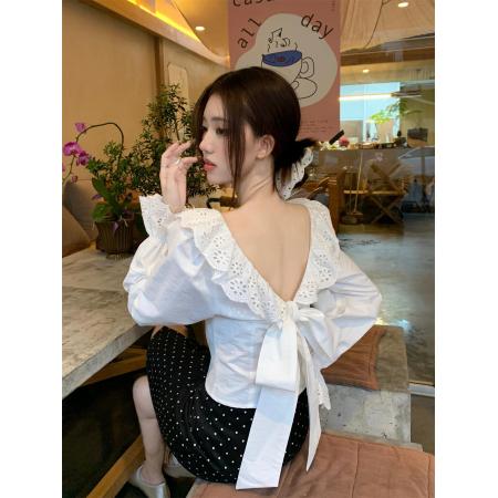 FA40289# 早秋法式荷叶边长袖露背U字领系带设计感上衣女 服裝批發女裝批發服飾貨源