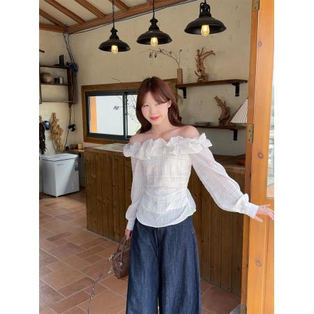 FA40290# 新款早秋韩系清新简约气质格纹云朵一字肩小衫 服裝批發女裝批發服飾貨源