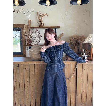 FA40290# 新款早秋韩系清新简约气质格纹云朵一字肩小衫 服裝批發女裝批發服飾貨源